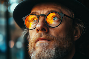 A close-up portrait of a psycholinguist man with glasses reflecting a fiery glo, a Person Photo by Textures & Backgrounds