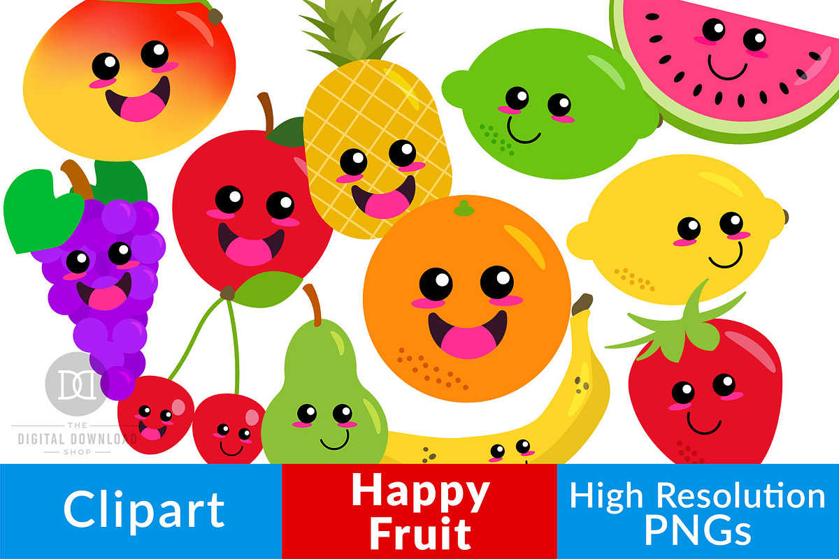 Happy Fruit Clipart, Cute Fruit, a Food Illustration by The Digital Download Shop (Photo 1 of 2)