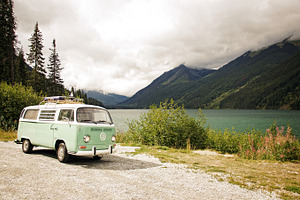 Vintage VW Bus in Canadian Rockies, a Transportation Photo by Crux Creative