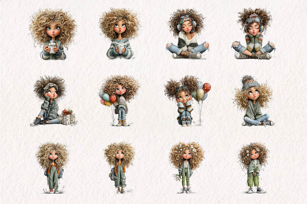 Whimsical Curly Girl Clipart Bundle, a Seasonal Illustration by CreationArt (Photo 4 of 7)