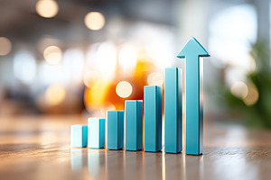 Upward growth represented by blue bars and an arrow in a modern workspace, a Business Photo by AlyaAnd