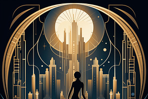 A Silhouette Of A Art Deco Woman In An Elegant Dress Stands In Front Of A Futur