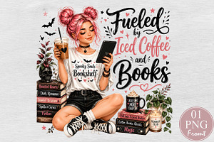 Fueled By Iced Coffee & Books PNG, a Seasonal Illustration by Rose Art