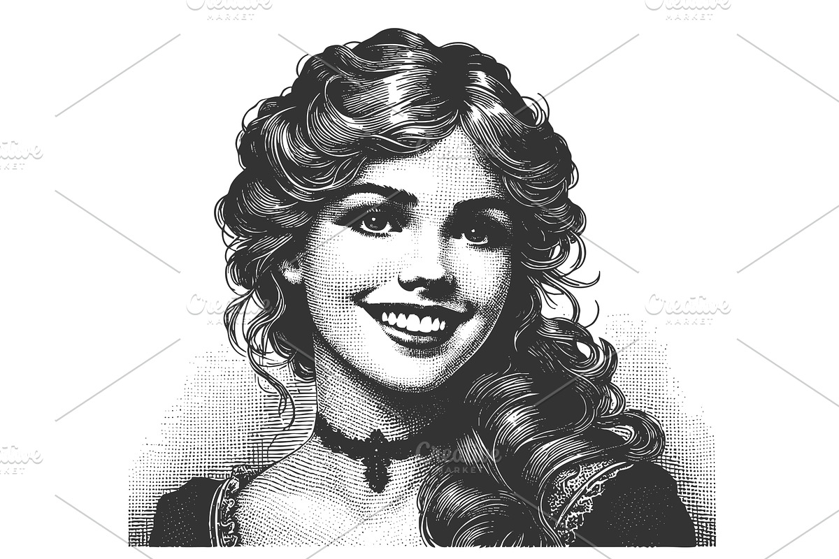 Smiling Woman Portrait engraving, a Person Illustration by AlexArt