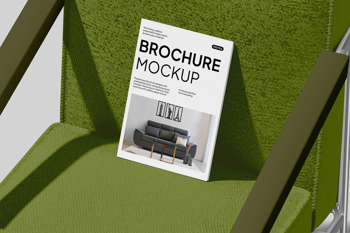 Brochure on Chair Mockup, a Merchandise Mockup by Unerispace (Photo 4 of 5)