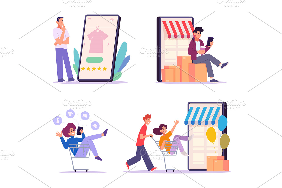 Online shopping. Male and female, a Technology Illustration by Onyx