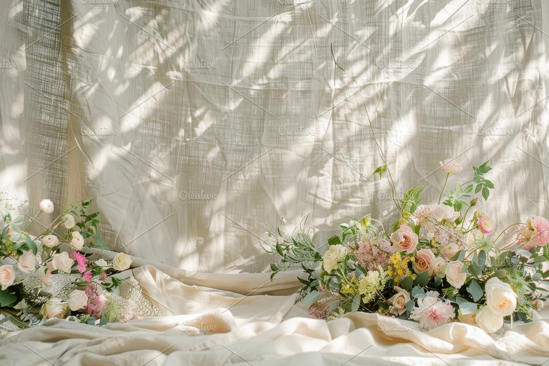 Two stunning floral arrangements sit, a Photo by Tanuart