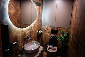 Modern bathroom interior with earthy tones, sleek fixtures, and ambient lightin, a Photo by AS photostudio