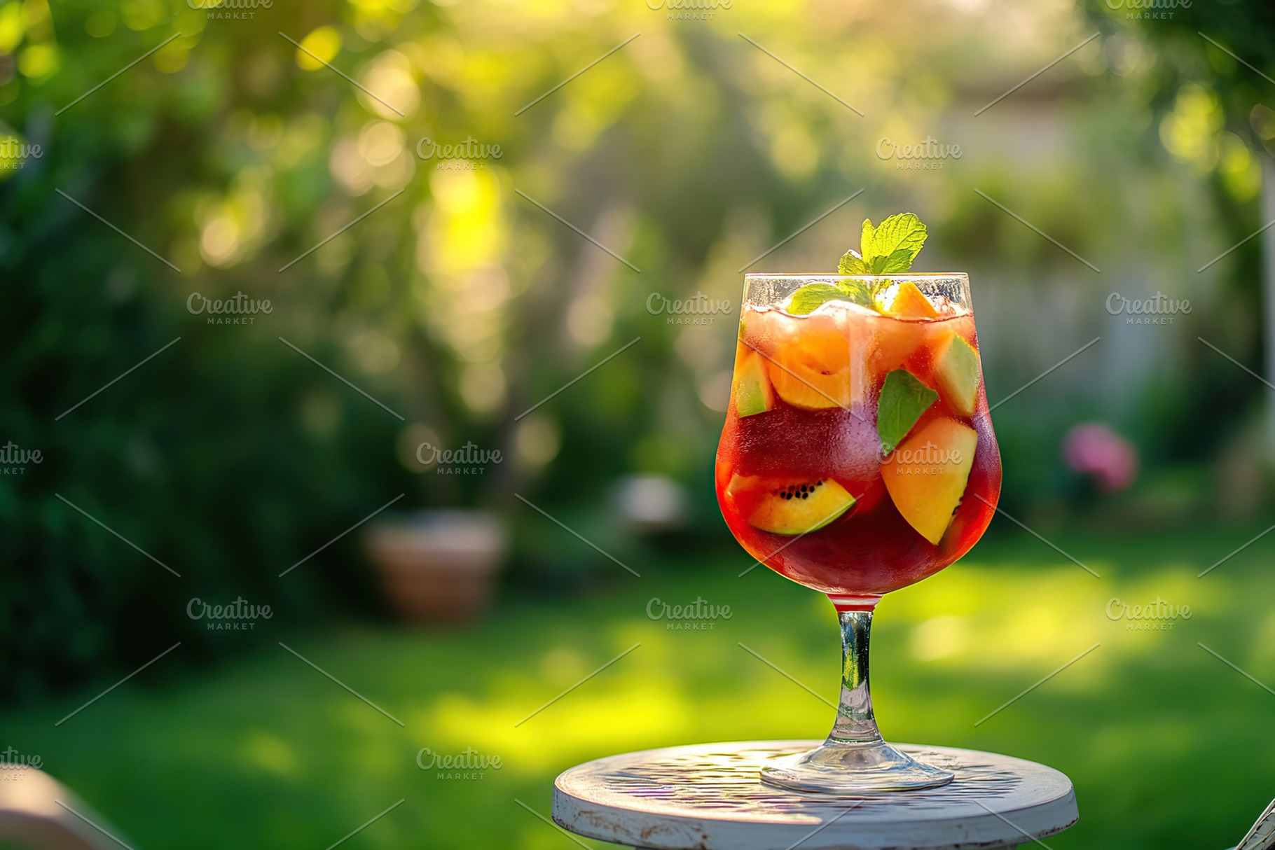 Refreshing fruit sangria on a sunny day in a tranquil garden setting, a Food & Drink Photo by AlyaAnd