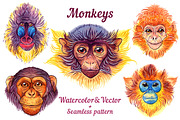 Watercolor monkeys, an Animal Illustration by Evgeniia Zagreeva (Thumbnail 1 of 4)