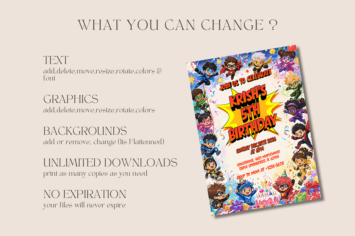 Chibi Superhero Birthday Invitation, an Invitation Template by InvitingStorys (Photo 11 of 12)