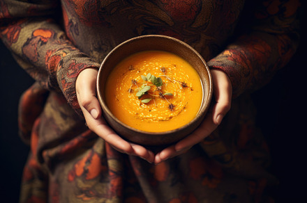 Pumpkin soup in woman's hands on a d, a Photo by Iftikhar Alam