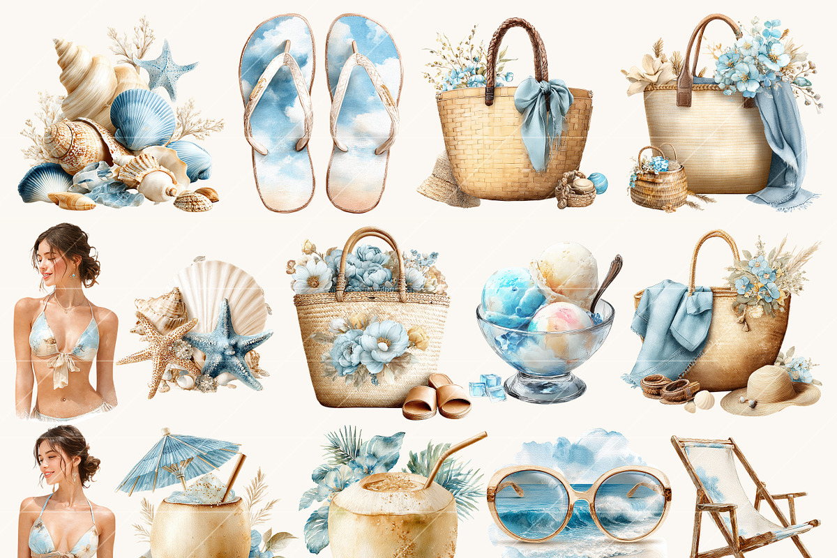 Watercolor Summer Beach Clipart, a Seasonal Illustration by BusyDaydesign (Photo 6 of 9)