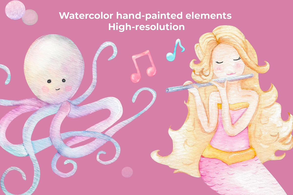 Mermaid watercolor pattern set, an Animal Illustration by WatercolorElena (Photo 5 of 11)