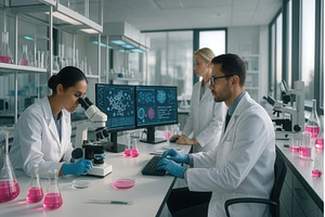Diverse team of scientists in, a Technology Photo by Sergey Kotenev