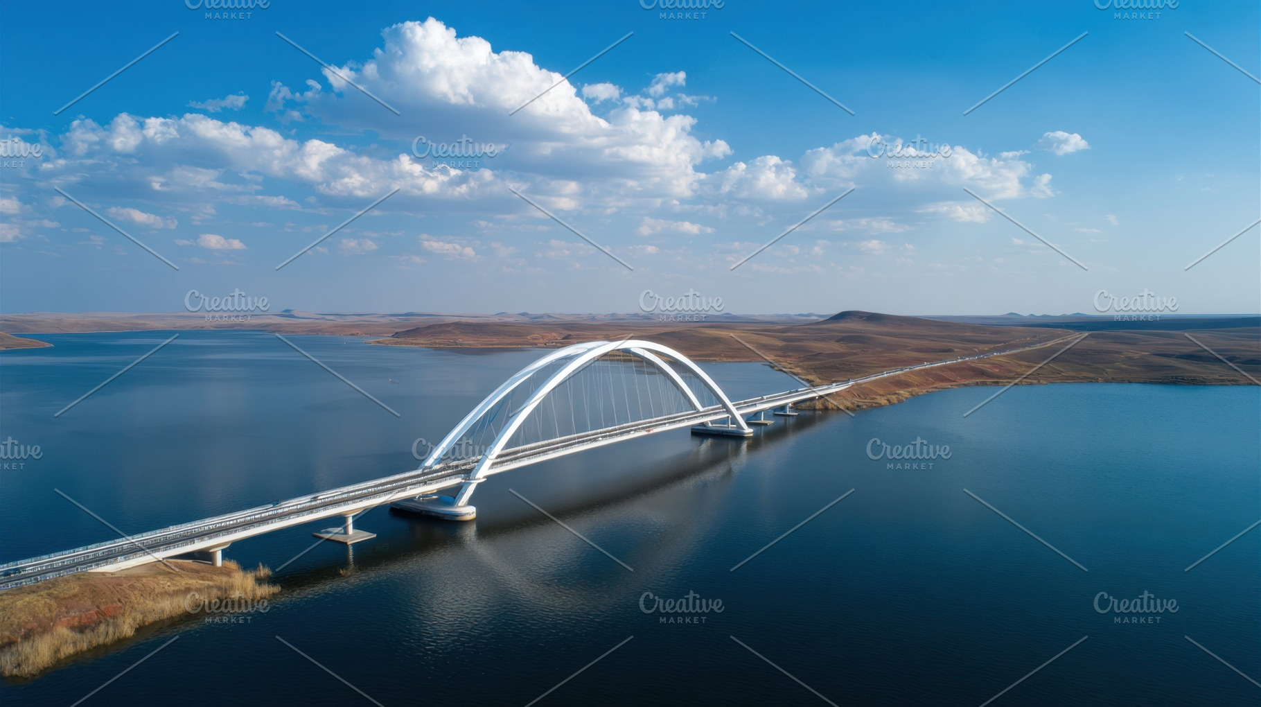 Bridge over wide river, blue sky, a Photo by Beautiful things