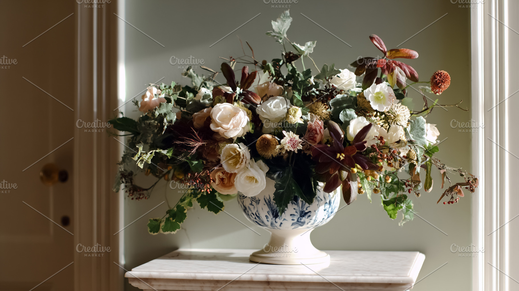 Elaborate floral arrangement with various flowers and foliage in, a Photo by Studio ANNA