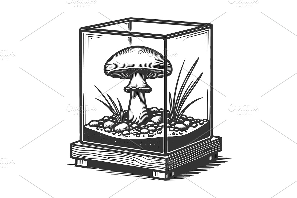 Mushroom Forest Terrarium engraving, an Illustration by AlexArt