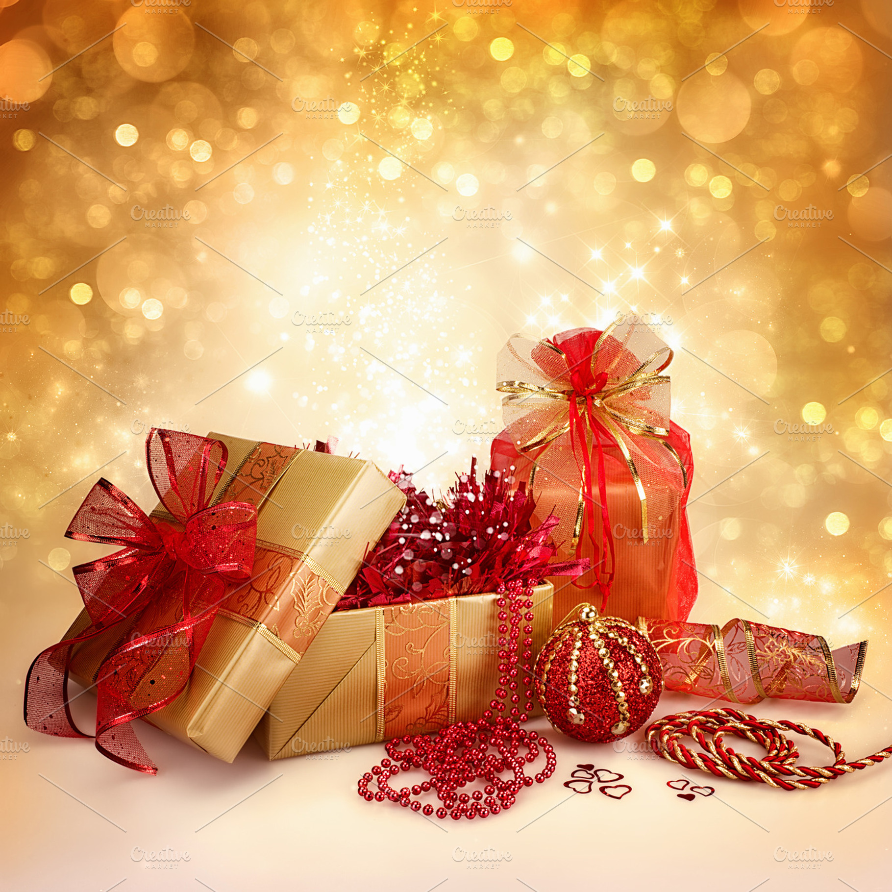 Christmas gifts and decorations stock photo containing background and ball, a Holiday Photo by CARLOSANDESTHER