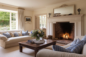 Cozy classic living room interior with lit fireplace, comfortable sofas, elegan, an Architecture Photo by Studio ANNA