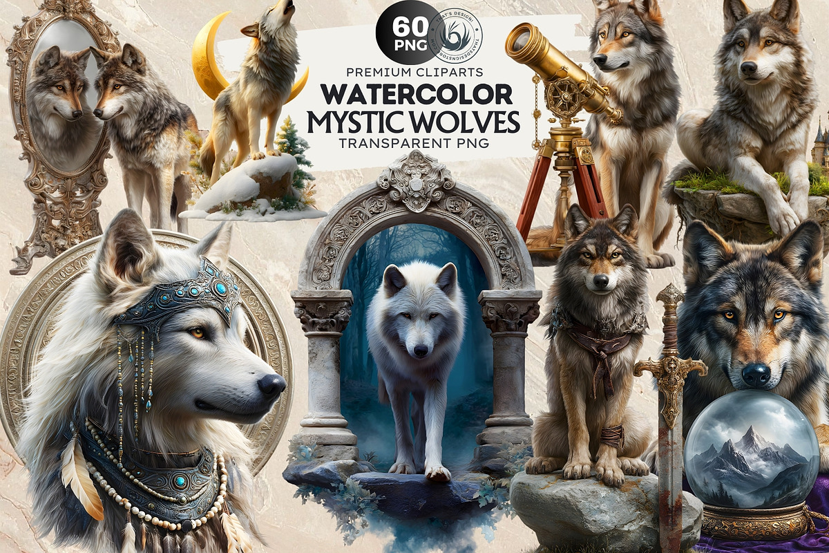 Watercolor Mystic Wolves Clipart Set, an Animal Illustration by ThatsDesignArt (Photo 1 of 15)