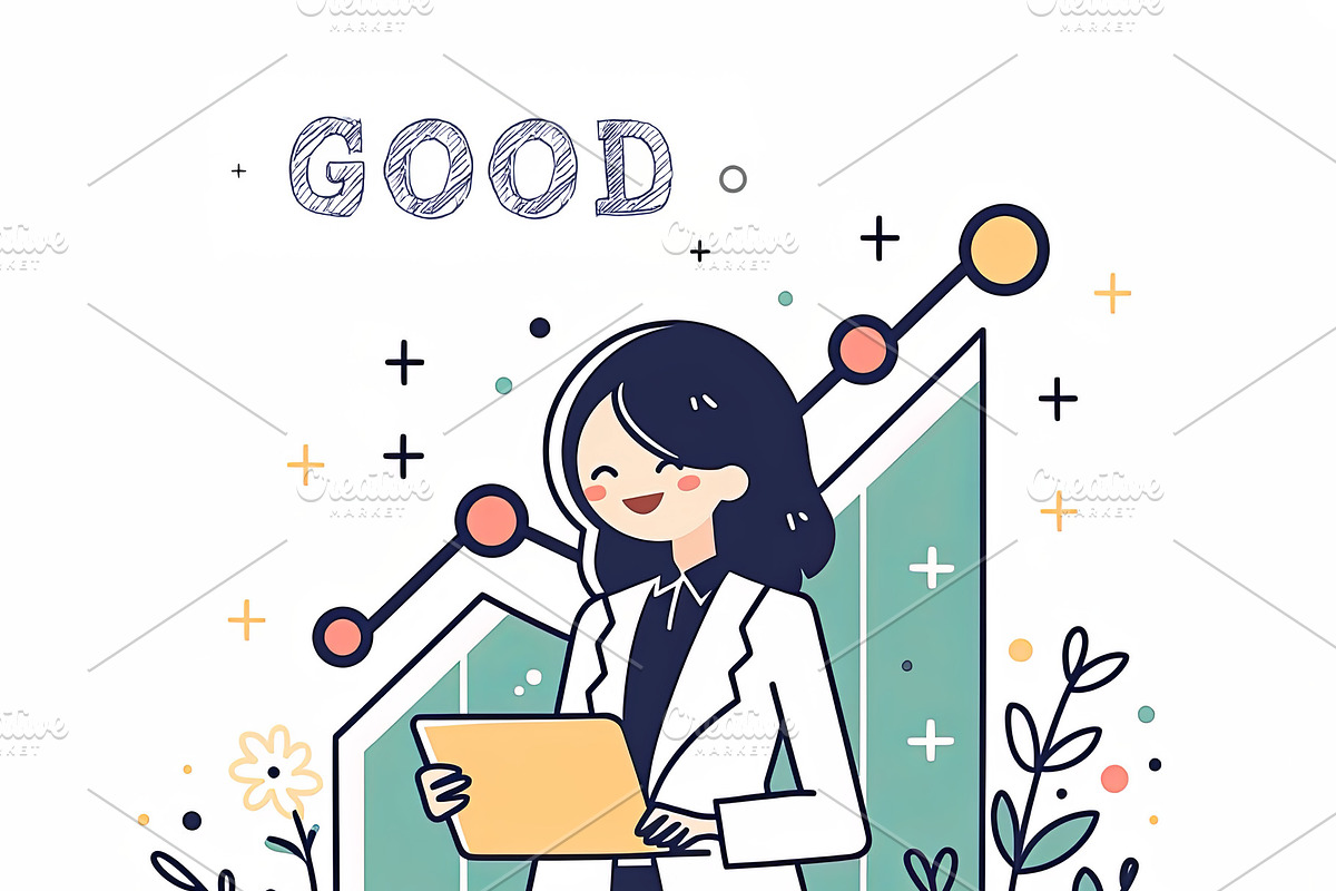 Smiling businesswoman analyzing growth data with a positive profit graph, an Illustration by AS photostudio