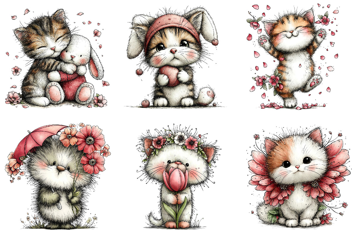 Whimsical Spring Cats Clipart, an Illustration by Dream Creation (Photo 5 of 6)