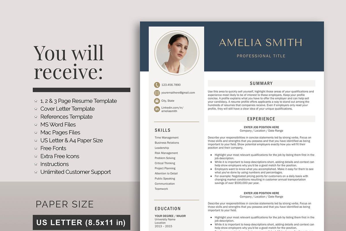 Resume Template with Photo Blue CV, a Resume Template by Klamp Studio, image size:1200x800