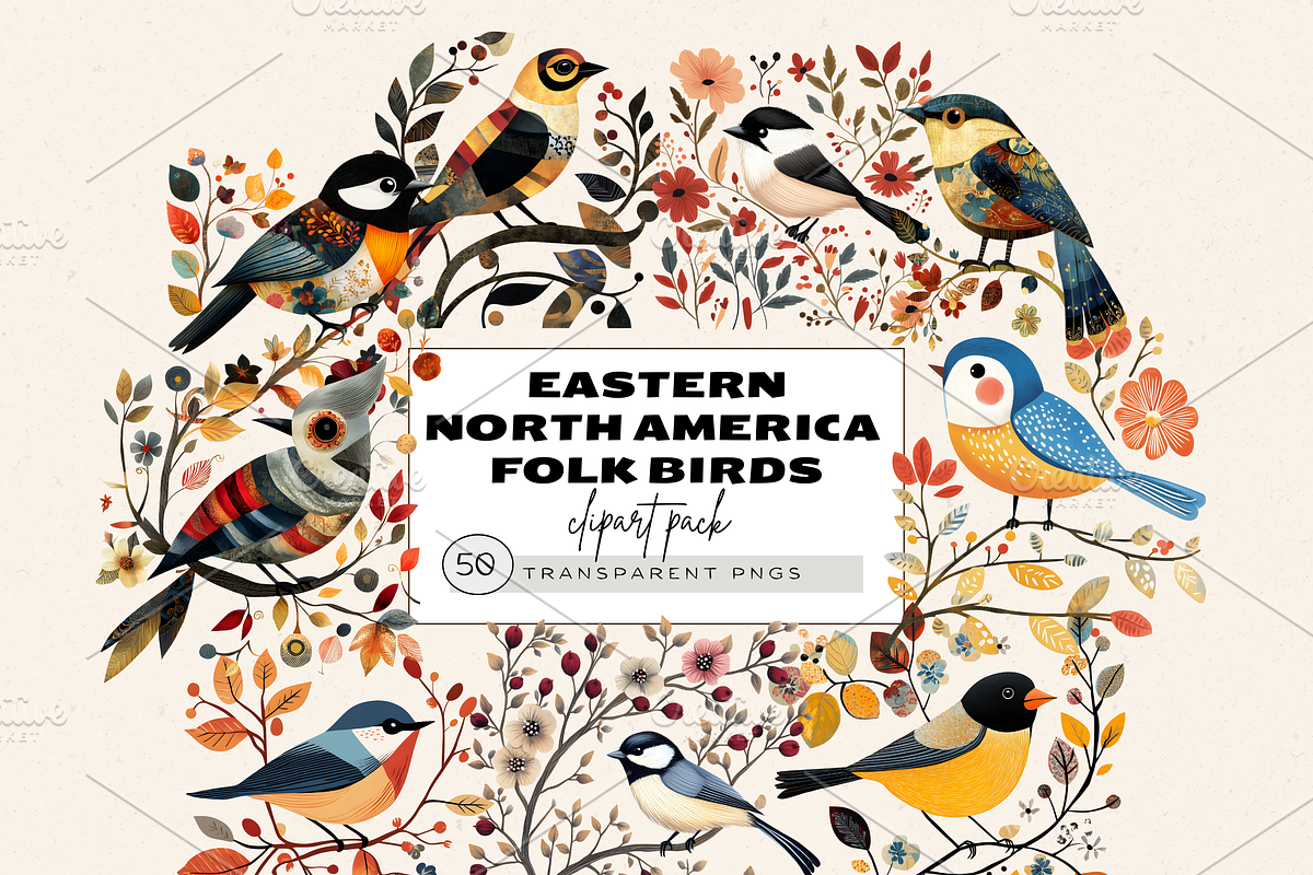 NORTH AMERICA FOLK ART BIRDS CLIPART, an Animal Illustration by Daring Digies (Photo 1 of 10)