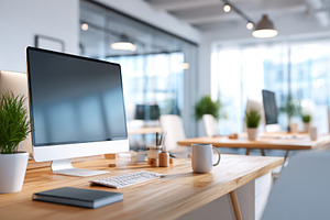 Modern office workspace with desktop computer and plants, a Business Photo by AlyaAnd