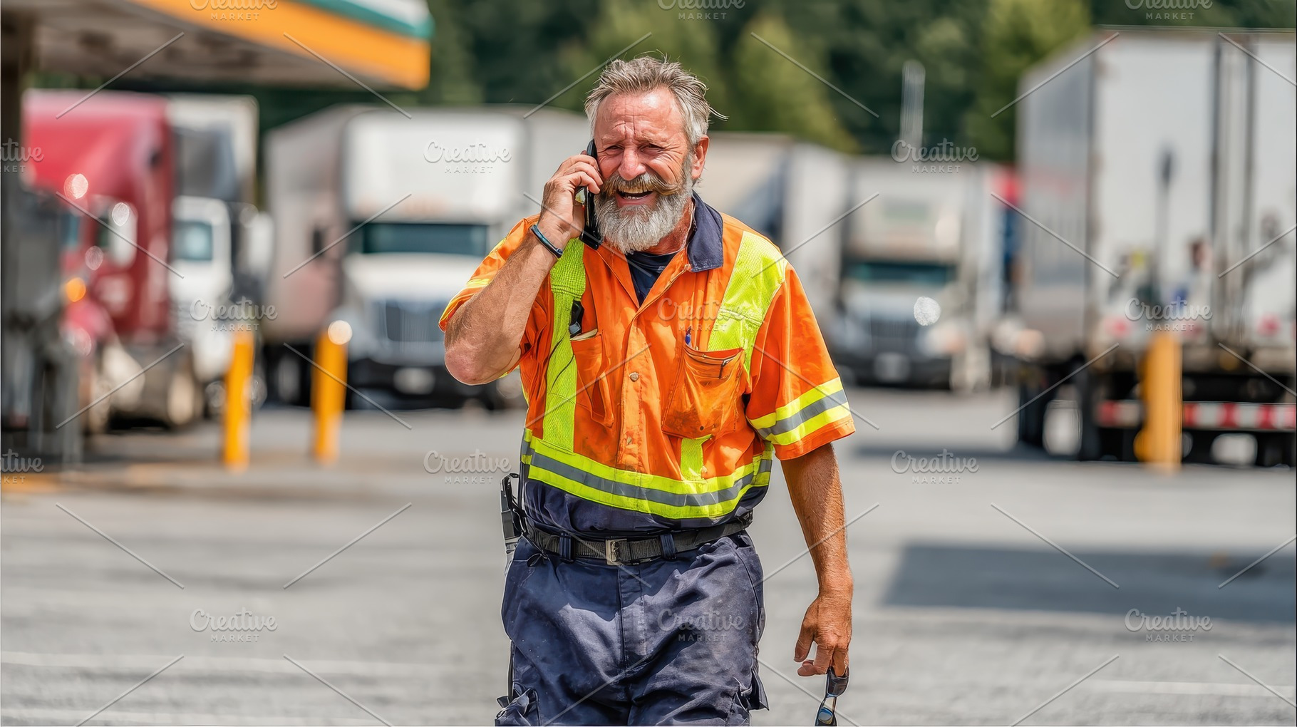 Happy trucker talking on phone at tr, a Photo by Pixeness Studio
