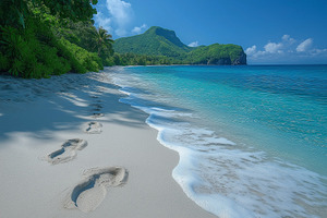 Serene beach with footprints leading into the turquoise water and lush green mo, a Background Photo by ImageMir