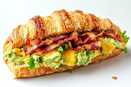 Croissant sandwich with meat, cheese and vegetables on white background, a Food & Drink Photo by AlyaAnd