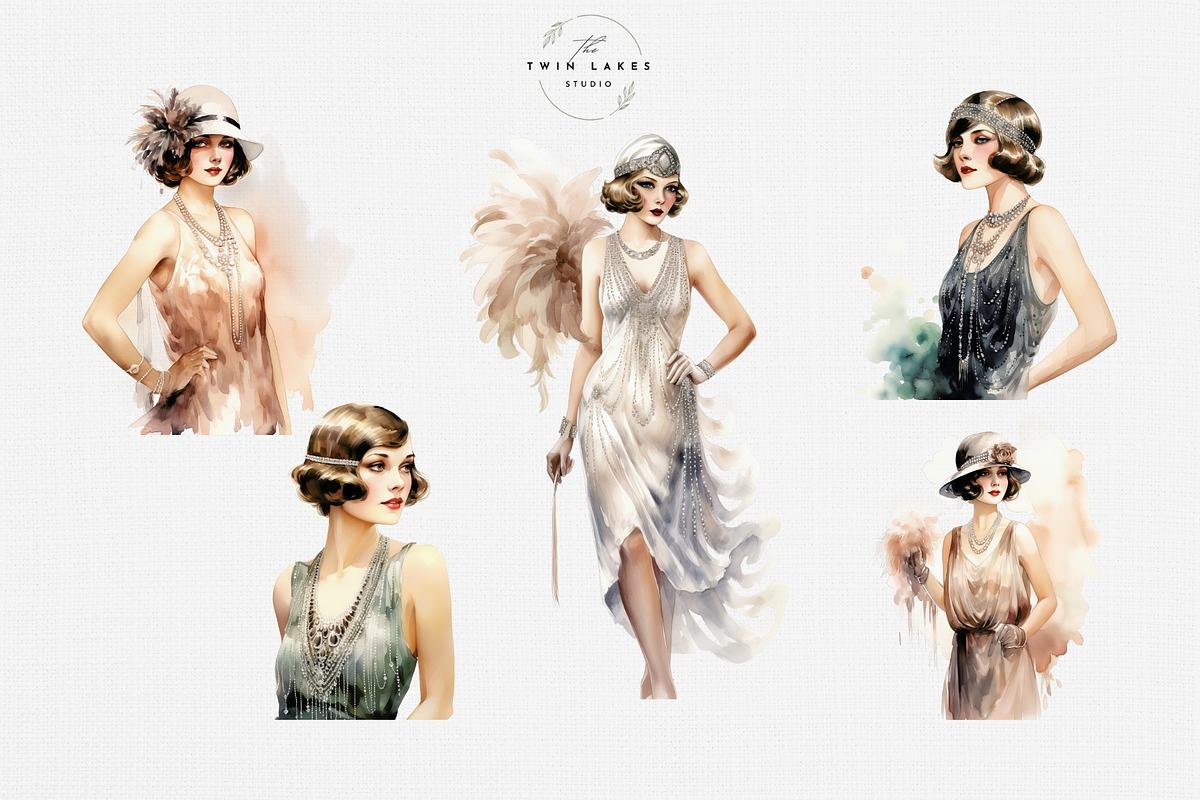 Watercolor Flapper Girls Clipart Set, a Person Illustration by The Twin Lakes Studio (Photo 2 of 11)