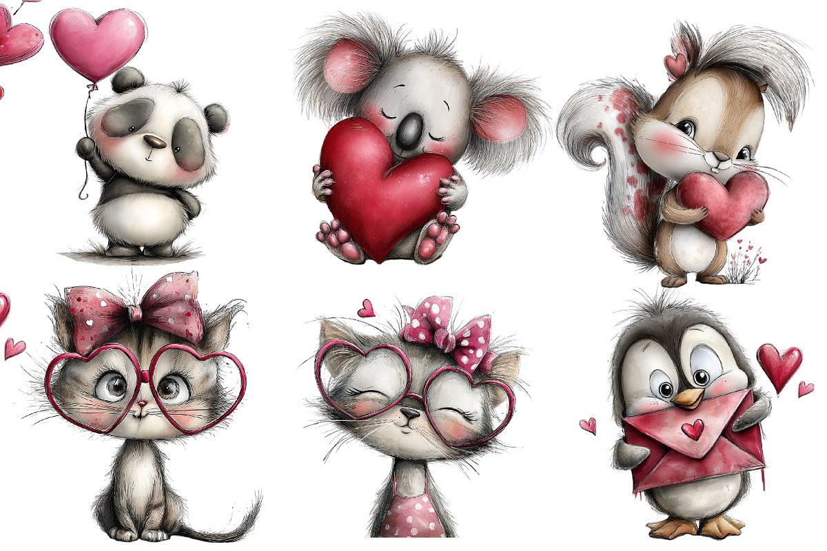 Valentine Animals Watercolor Clipart, an Illustration by Designworld (Photo 2 of 3)