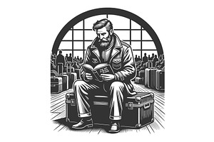 Bearded Traveler Reading Book at, a Person Illustration by AlexArt