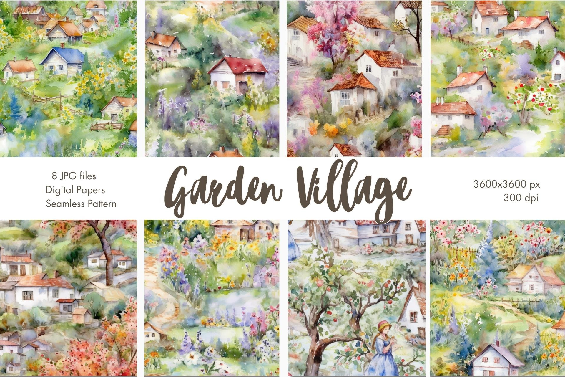 Watercolor Garden Village Patterns, a Pattern Graphic by Maysa Art