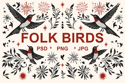 Folk Birds Bundle, a Decorative Illustration by Mariia Kovalchuk