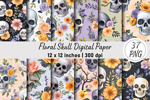 Floral Skull Digital Paper, a Pattern Graphic by Digital Artistic99