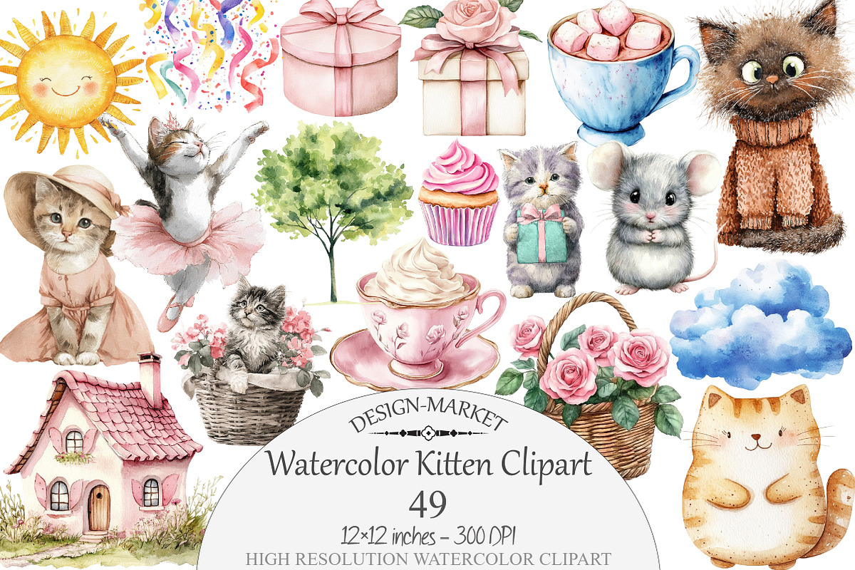 Watercolor Kitten Clipart, a Seasonal Illustration by Design Market (Photo 1 of 5)