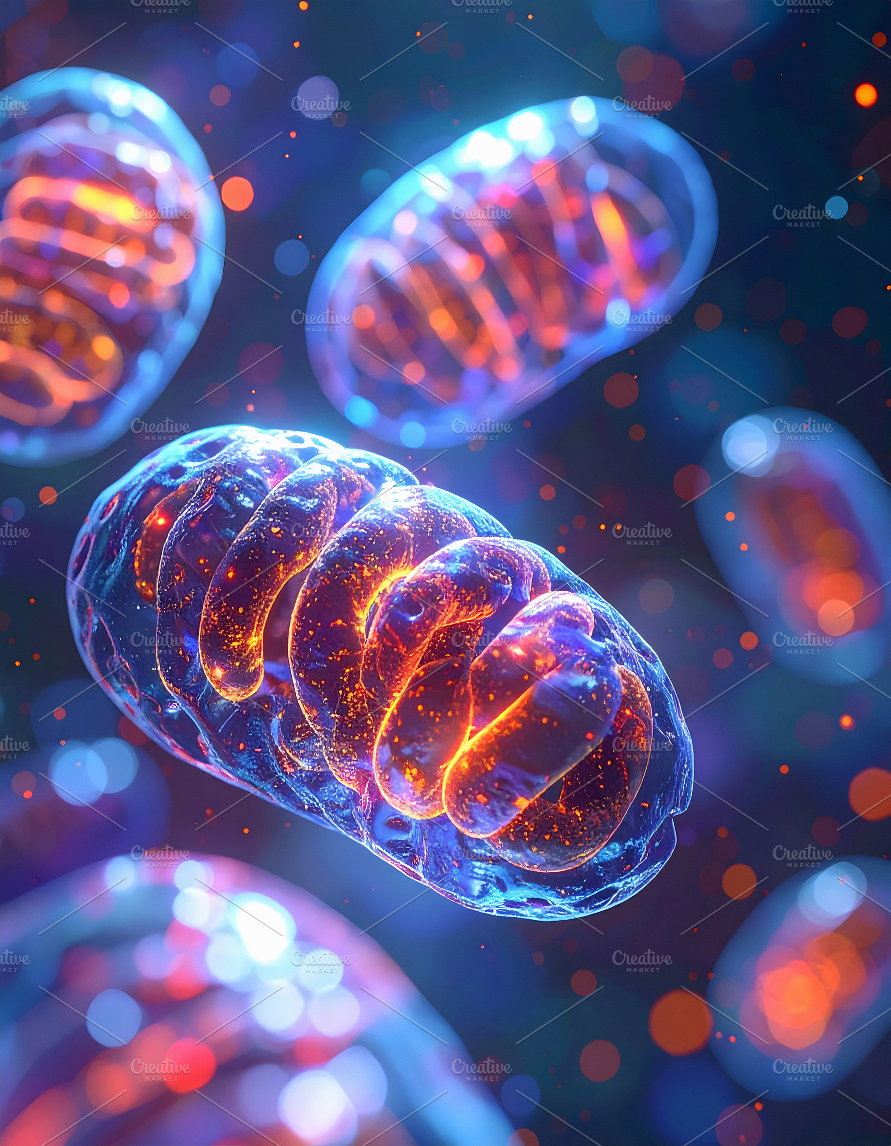 Cluster of mitochondria glowing with vibrant internal light, a Health & Medical Photo by GoodGoods