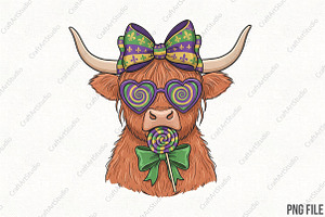 Mardi Gras Lollipop Highland Cow PNG, an Illustration by CraftArtStudio