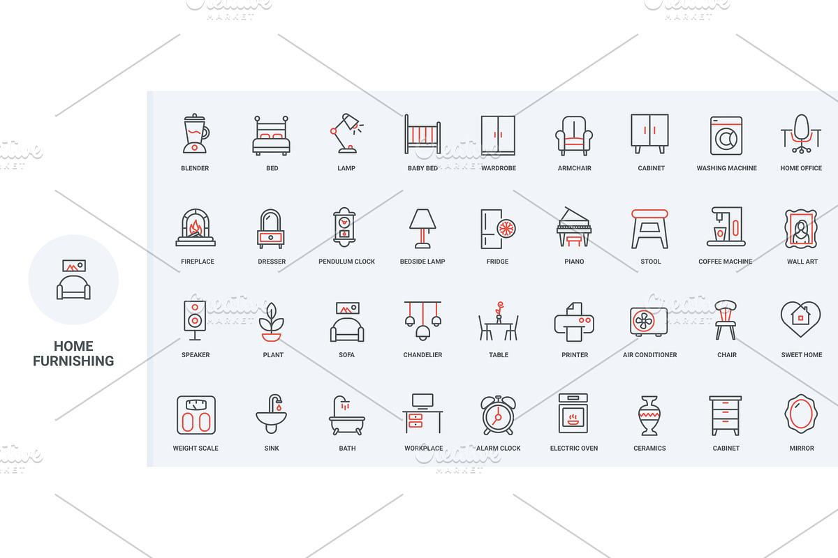 Furniture decor office home icons, an Object Illustration by Lemberg Vector
