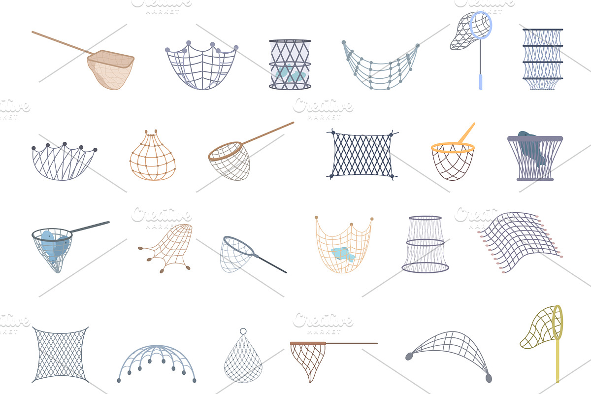 Fish Net icons set cartoon vector, an Illustration by Ylivdesign