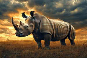 Rhino in golden field under dramatic, an Animal Photo by Pixeness Studio