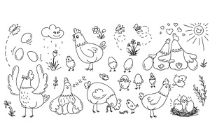Doodle hen and chickens, an Animal Illustration by Vector Tradition