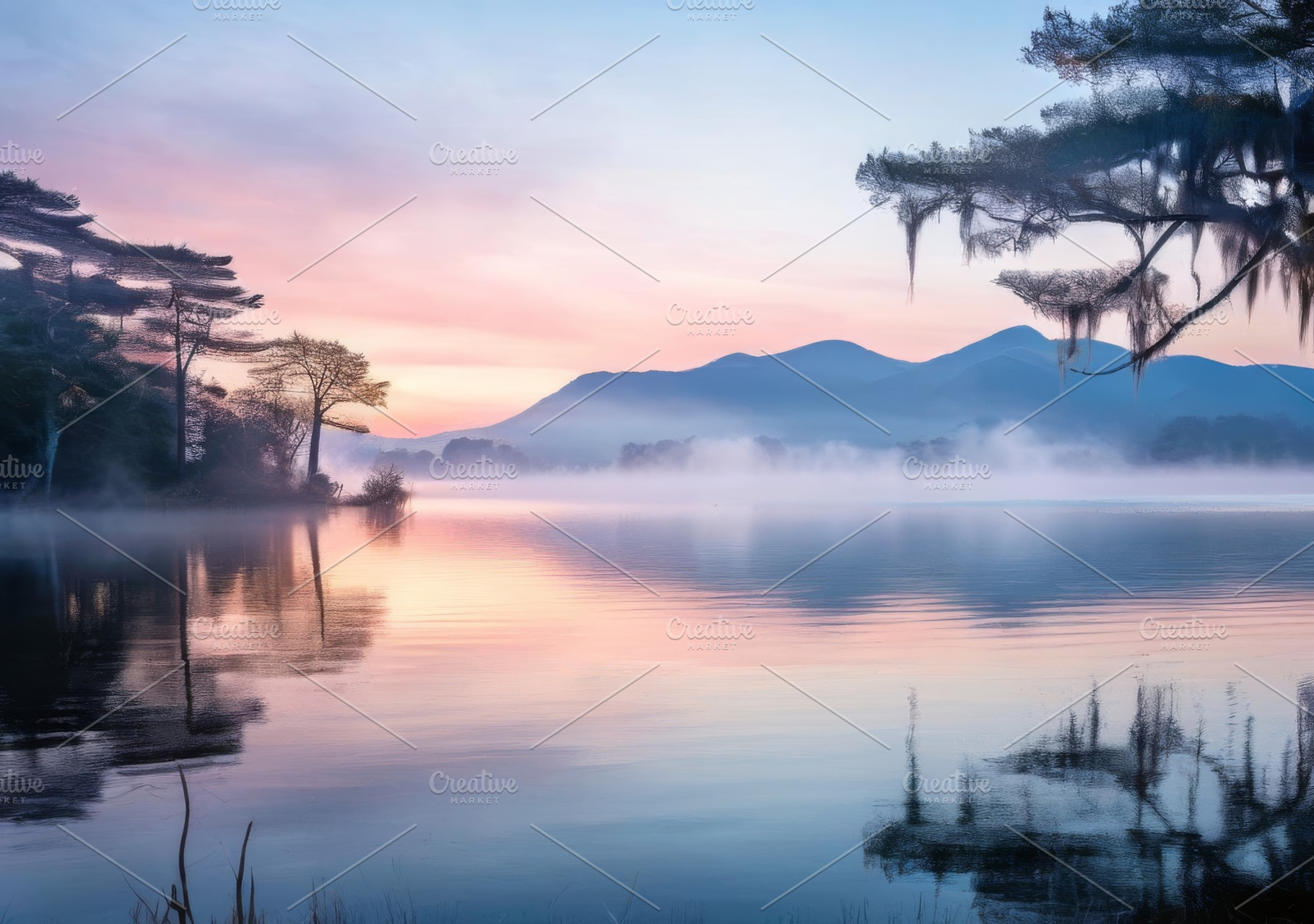 Lake Landscape with Fog, Sunrise, a Background Photo by Fascinadora