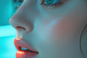 A close-up portrait of a young woman esthetic technologist with striking blue e, a Person Photo by Textures & Backgrounds