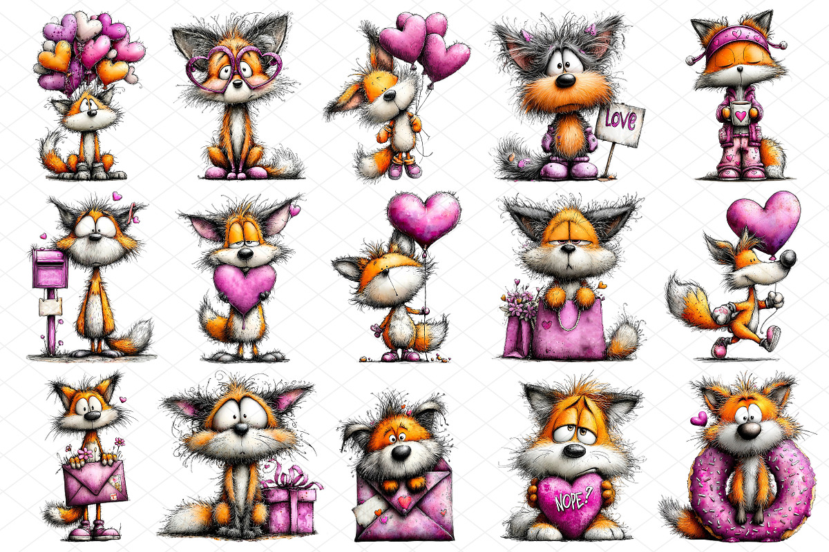 Quirky Funny Valentine Fox Clipart, an Illustration by cherrydesign (Photo 3 of 4)