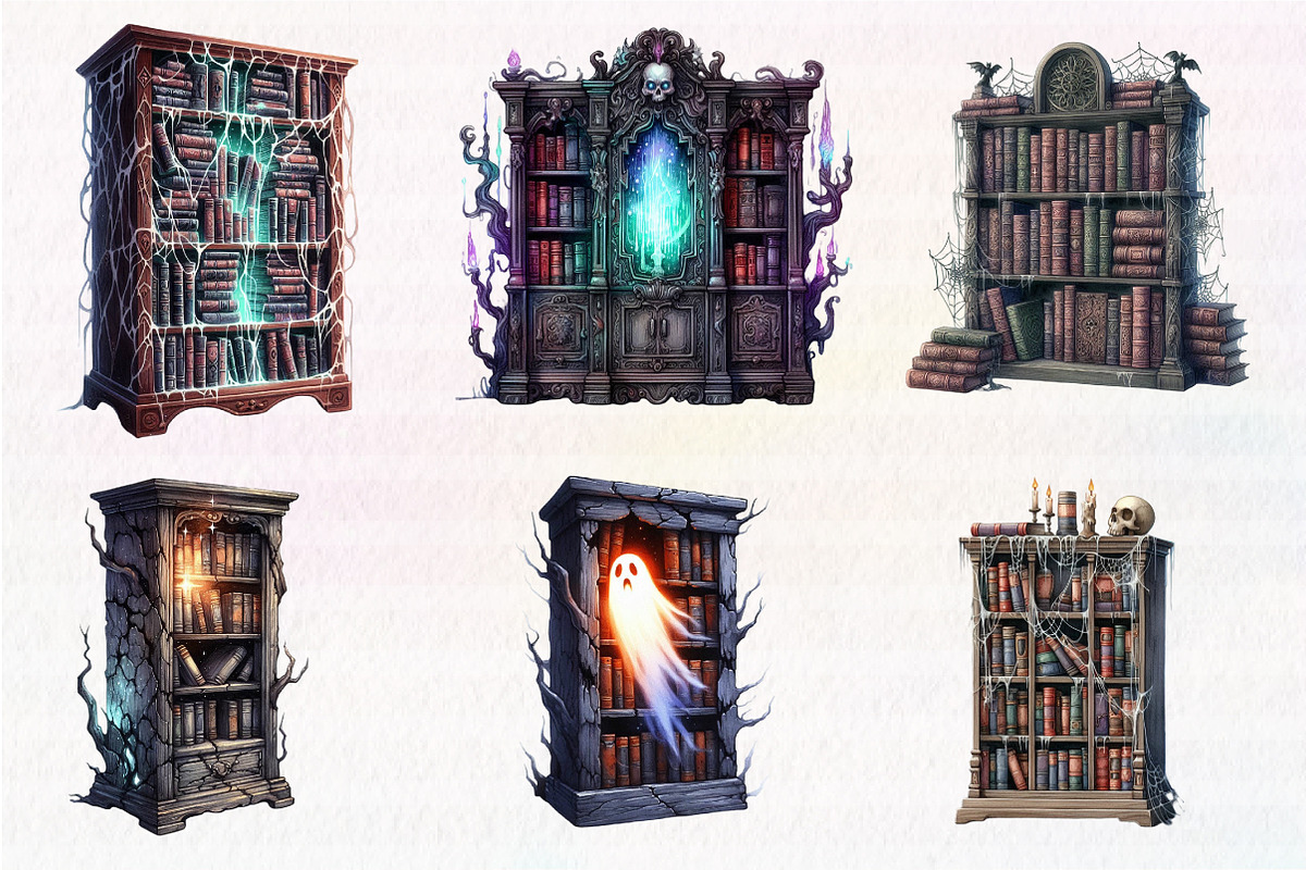 Spooky Books Library Clipart, an Illustration by CreationArt